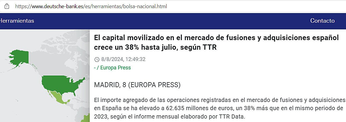 El capital movilizado en el mercado de fusiones y adquisiciones espaol crece un 38% hasta julio, segn TTR